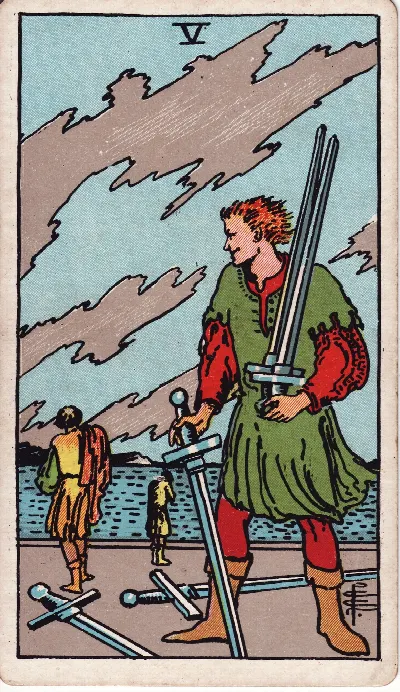 Carte de Tarot Cinq d’Épées, jeu Rider-Waite-Smith