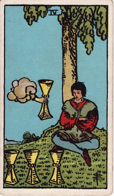Carta de Tarot Cuatro de Copas, baraja Rider-Waite-Smith