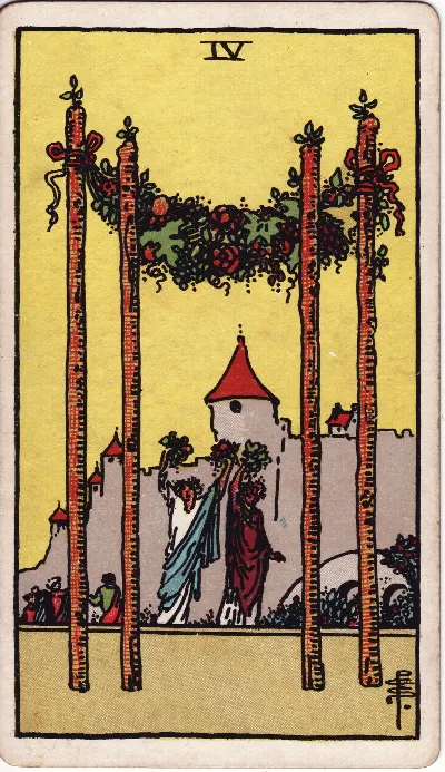 Carta de Tarot Cuatro de Bastos, baraja Rider-Waite-Smith