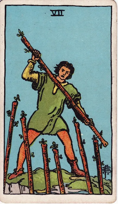 Carte de Tarot Sept de Bâtons, jeu Rider-Waite-Smith