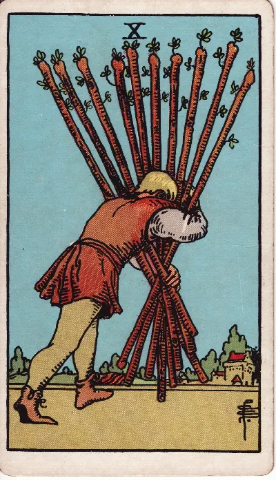 Carta de Tarot Diez de Bastos, baraja Rider-Waite-Smith