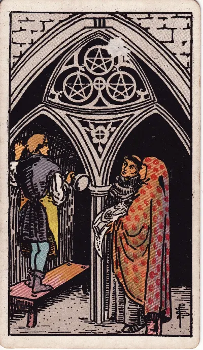 Carte de Tarot Trois de Deniers, jeu Rider-Waite-Smith