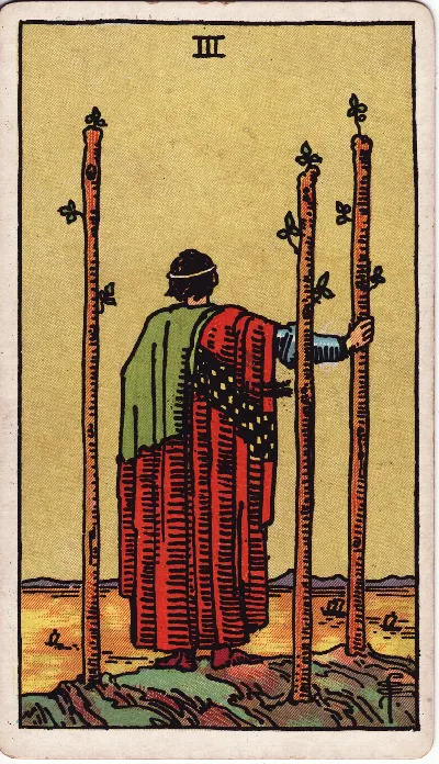 Carte de Tarot Trois de Bâtons, jeu Rider-Waite-Smith